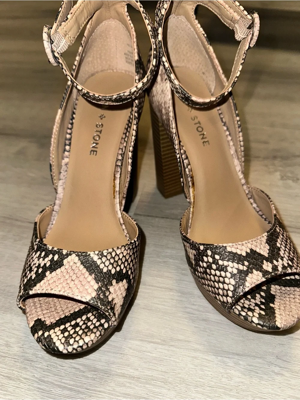 Sun + Stone - Beige and Black Snake-Print Ankle Strap Block Heels